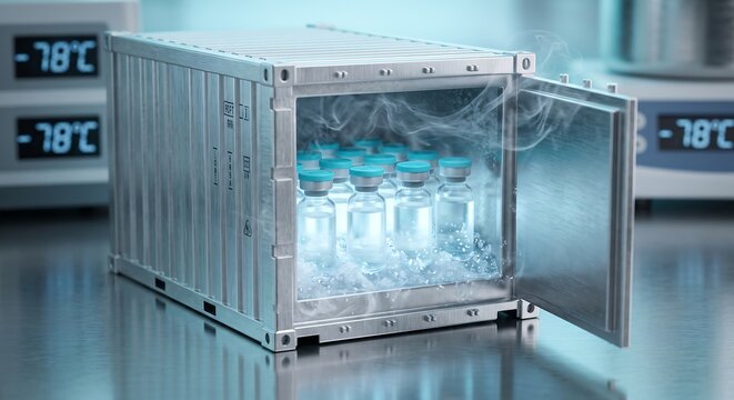 Medical vaccine vials stored in a cryogenic shipping container with dry ice vapor.