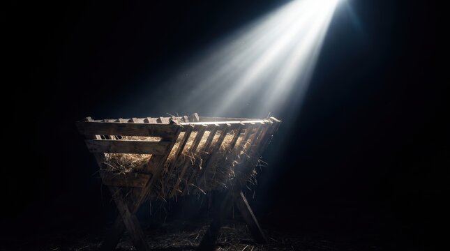 wooden manger filled with hay illuminated by bright divine light in dark space. nativity scene concept. christmas religion symbol. banner, website header with copyspace.