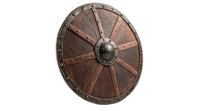 Ancient round metallic warrior shield with textured antique bronze plate decorative pattern