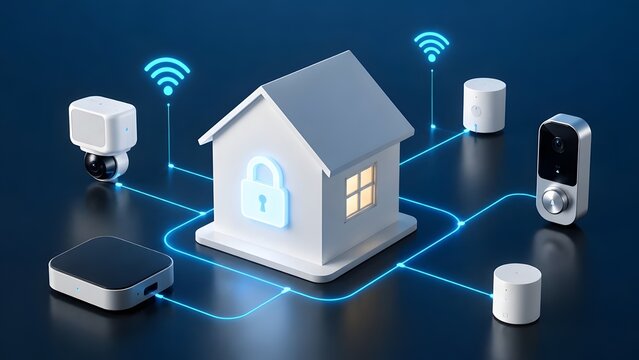 3D miniature house with smart home security devices and glowing padlock network concept