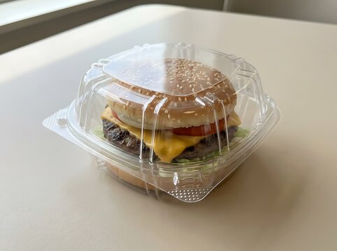 Fresh sandwich with cheese and vegetables packed in a clear plastic container for takeaway and delivery. clamshell packaging burgers