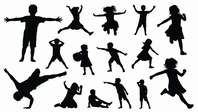 Active children playing and jumping silhouettes set, kids breakdancing, running, stretching, and leaping black vector shadows collection isolated on white background