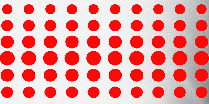 Minimalist red polka dot pattern on white background, geometric circle grid illustration, vibrant red dots repeating texture