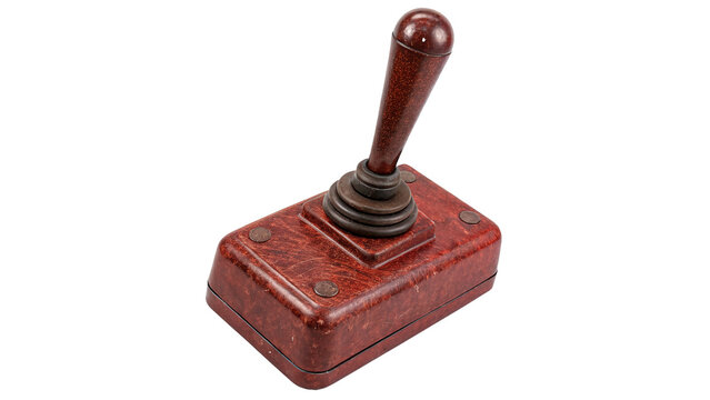 Vintage retro wooden gaming joystick with red top button isolated entertainment controller