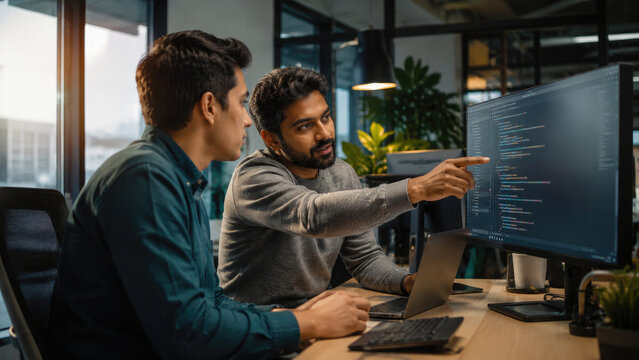 Two colleagues pair programming at a desk, reviewing code on a large monitor in a modern office