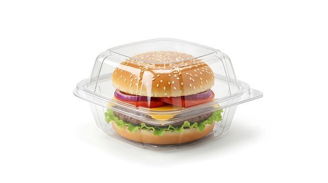 Fresh beef cheeseburger inside a clear plastic takeaway container for fast food delivery or takeout meal. clamshell packaging burgers