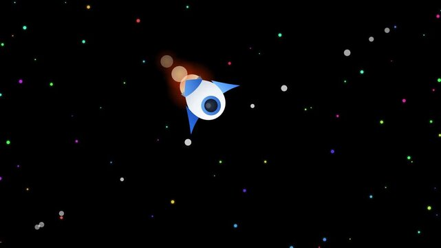 Cartoon spaceship with eye flying through deep space animation.