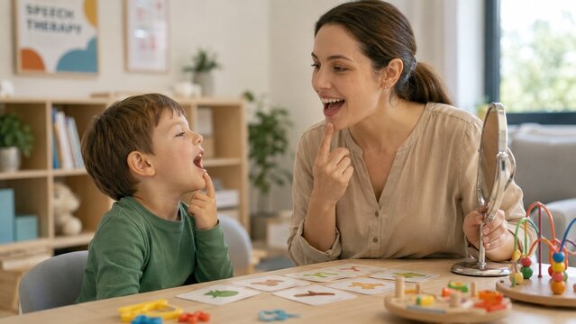 Smiling female therapist guiding a young boy through speech therapy with mirror, flashcards and toys at a bright tabletop session