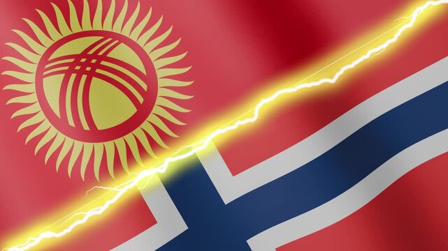 Two waving flags Kyrgyzstan and Norway with diagonal lightning seamless, 4k loop