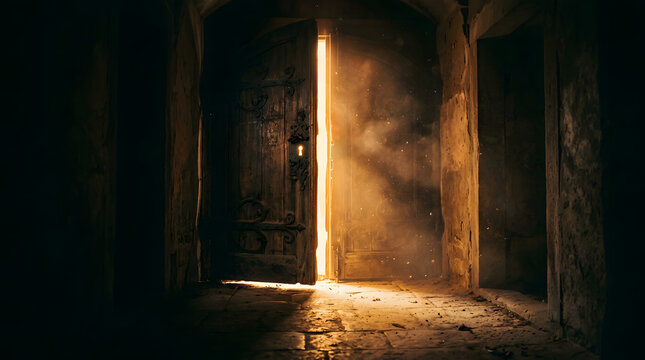 Bright light shining through an open door in dark rustic corridor