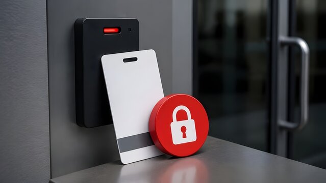 Electronic door lock with blank white keycard and red padlock icon representing strict access control and corporate security
