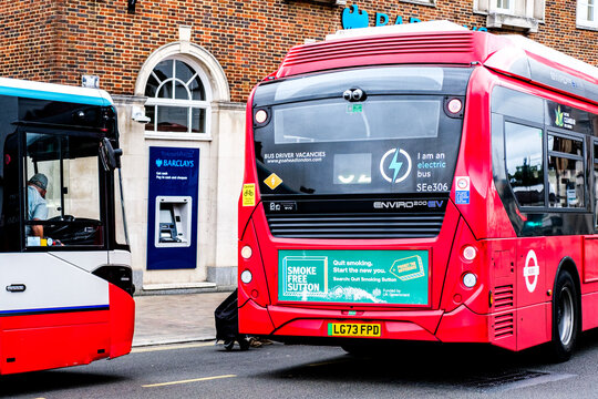 Close-Up Rear view Of A Red Alexander Dennis Enviro200EV Single-Decker Electric Passenger Bus