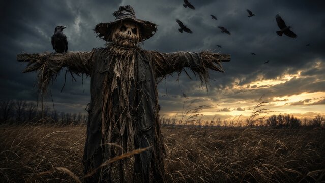 Eerie skull-faced scarecrow in a windswept field under a stormy sunset with circling crows