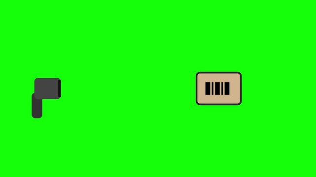 2D flat animation of a handheld barcode scanner device reading a black barcode on a cardboard box with a red laser line indicator, isolated on a green screen background.