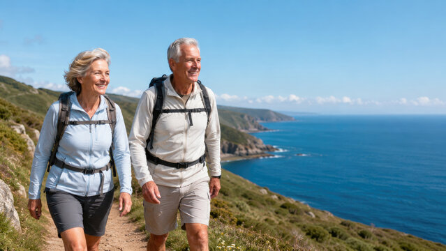 Smiling older couple hiking along a coastal trail with ocean cliffs and a clear blue sky