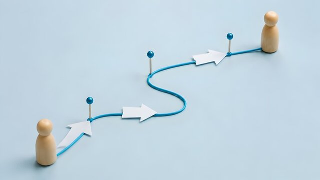 Two wooden figures connected by a winding blue path with directional arrows and pins representing business strategy, networking, or the journey to a goal
