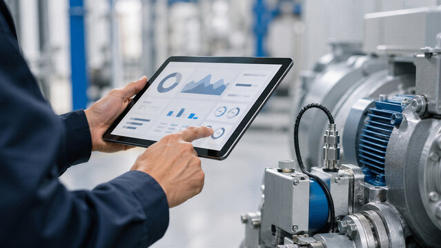 Man engineer using tablet with data analytics dashboard for predictive maintenance of industrial equipment. Technician monitoring machinery sensors and diagnostics in smart factory