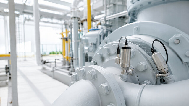 Industrial pump with vibration and pressure sensors on pipeline in modern factory. Predictive maintenance and condition monitoring system. Smart manufacturing concept