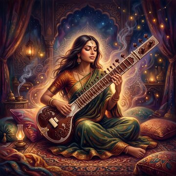 Young woman playing sitar in a richly decorated room with warm lights  