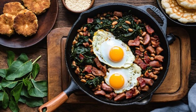 Traditional brazilian feijao tropeiro with fried eggs sausage and collard greens in skillet