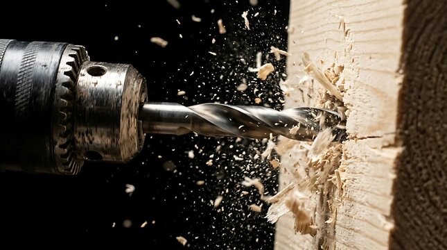 Metal drill bit boring into wood plank