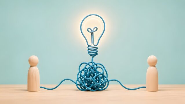 Two wooden figures connected by a tangled blue wire forming a glowing lightbulb representing collaborative brainstorming and creative business solutions