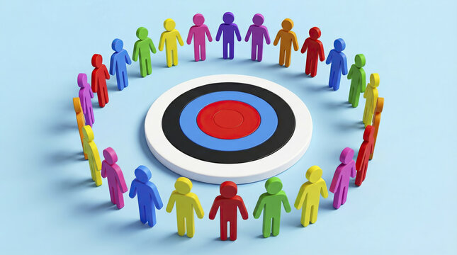 Colorful 3D human figures standing in a circle around a central target on blue background.