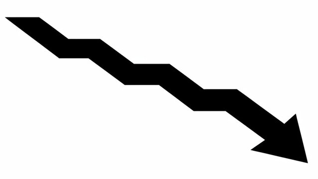 Black downward trending zig zag arrow graphic indicating decline and loss for business charts.