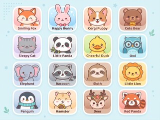 Fototapeta premium Cute Kawaii Baby Animals Set, Cartoon Wild and Domestic Animal Avatars