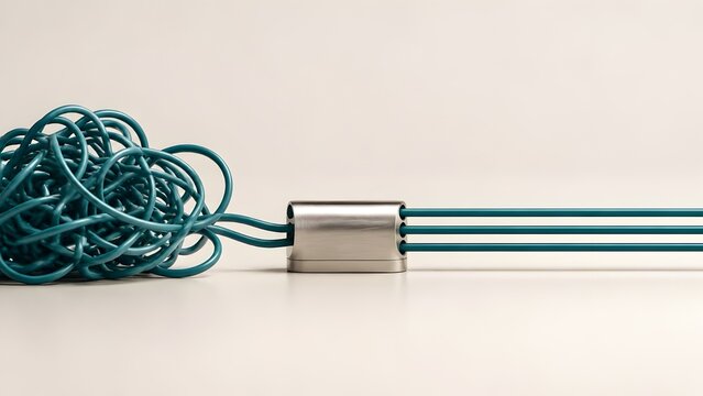 Tangled messy cables entering a silver metal organizer device and emerging as three straight lines representing data processing simplification and order from chaos