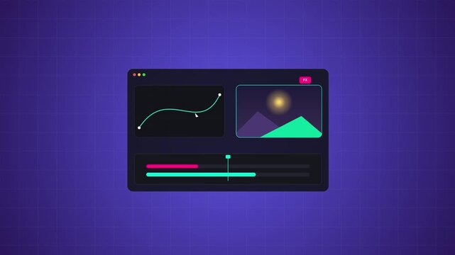 Minimalist UI animation showing video editing timeline and curve adjustment.