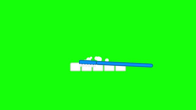 Blue toothbrush animation cleaning white square teeth with white foam bubbles on bright green screen background for dental hygiene motion graphics and educational videos.