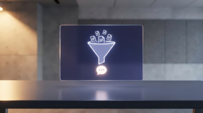 Transparent funnel filtering documents above speech bubble
