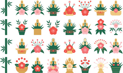 Fototapeta premium Traditional Japanese kadomatsu bamboo decoration set in green and pink color palettes