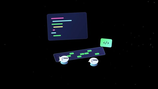 Cute animated characters coding together on a keyboard with syntax highlighted screen.