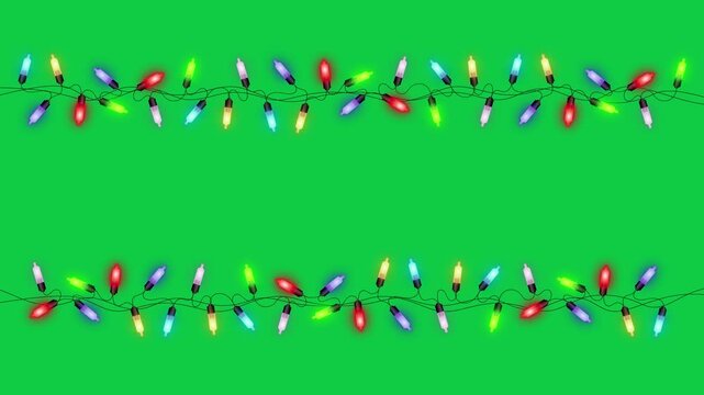 Colorful Christmas String Lights Blinking Isolated chroma key Loop Animation,New Year, Holiday and Birthday Party Videos overlay motion design element