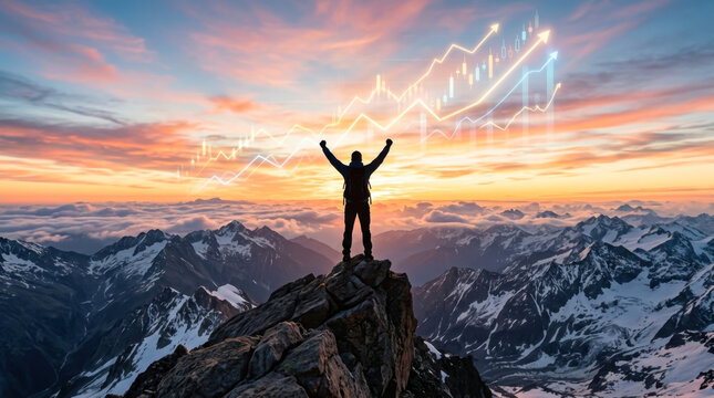 Hiker on Mountain Peak with Financial Success Chart