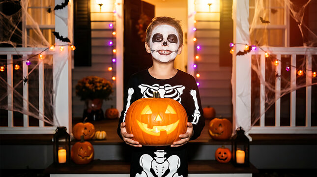 A young child wearing skeleton face paint and a costume holds a glowing jack-o'-lantern in a foggy backyard created with generative AI.
