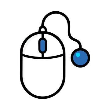 Computer mouse with cord and blue scroll wheel on a white background