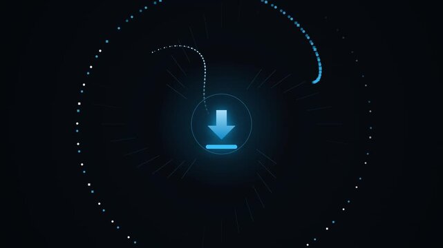 Glowing blue download arrow icon on dark background with circular patterns symbolizing digital data transfer and technology