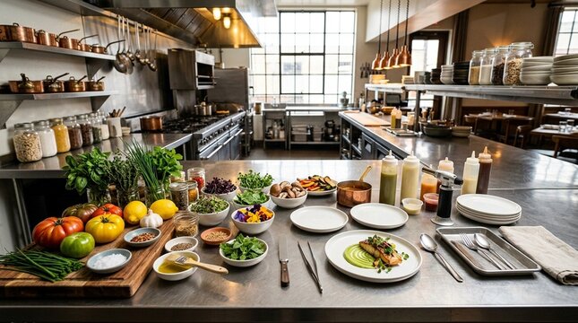 Restaurant chef's table with a live plating demonstration setup and fresh ingredients wide-angle food photography for restaurant menu and food marketing