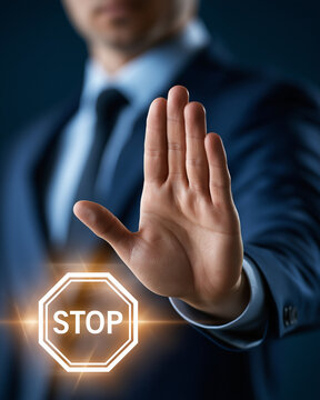Stop Sign Gesture: A businessman in a sharp suit extends his hand with an open palm, projecting a glowing STOP sign, conveying a message of halt and caution.