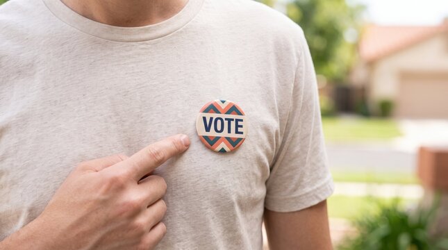man wearing vote button on tshirt encouraging civic engagement