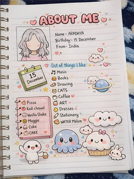 Cute hand-drawn About Me planner journal layout. Kawaii aesthetic decoration, smiley cloud stickers, cartoon character illustration. Pastel pink colors and heart details for bullet journaling