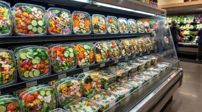A refrigerated display case in a grocery store filled with various prepackaged fresh salads and healthy meal options for convenient shopping world vegan day