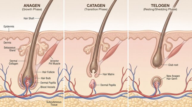 Hair growth cycle diagram with anagen catagen and telogen phases