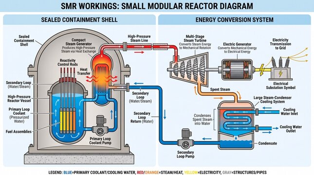 Small modular reactor technical diagram showing energy conversion