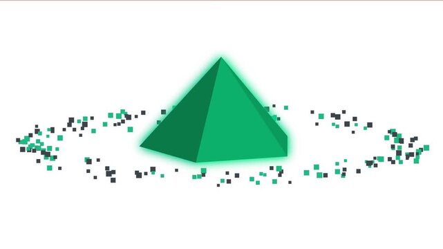 Green pyramid icon with digital particle orbit