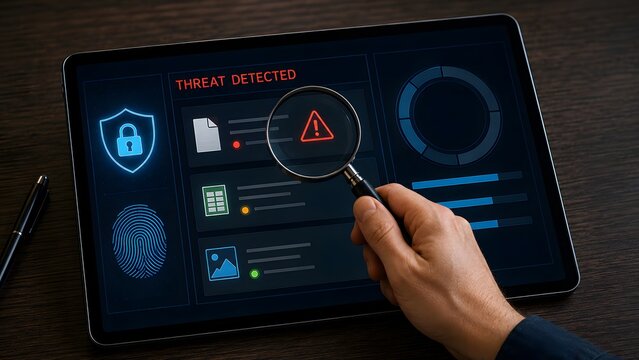 Threat detection dashboard on digital tablet investigated with magnifying glass representing cyber security audit, vulnerability scanning and privacy