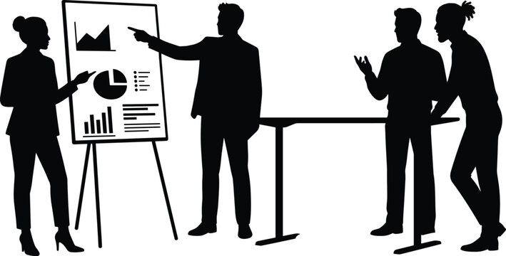 Professional Business Team Silhouette Presenting Charts and Data Analysis in Meeting Room